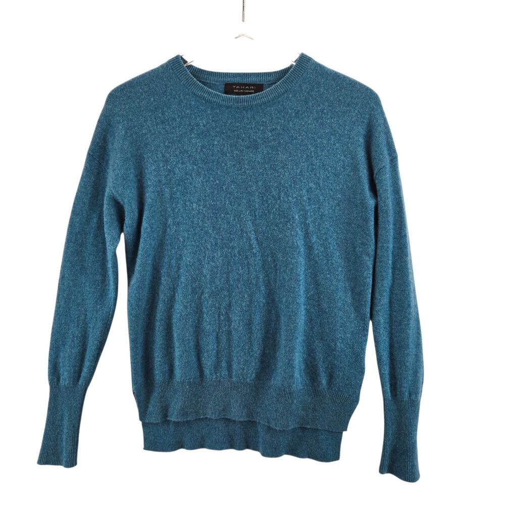 Tahari 100% Cashmere Sweater Womens XS Aqua Blue Crew Neck Quiet Luxury Cozy
